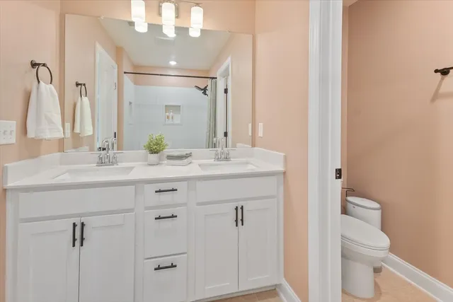 a bathroom with a sink a toilet and a mirror