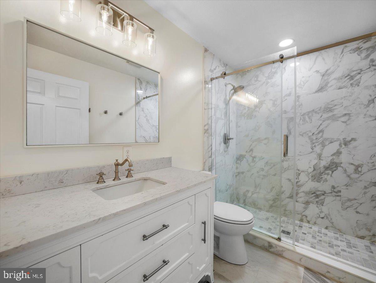 570 Welltown Road Winchester, VA 22603 - Photo 23 of 29 a bathroom with a granite countertop sink a toilet and a shower
