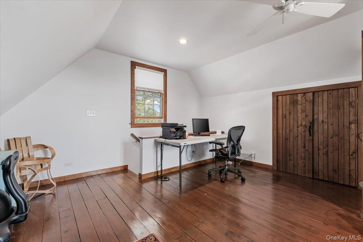 2 Strongs Lane Water Mill, NY 11976 - Photo 45 of 47 Office area featuring hardwood / wood-style flooring, lofted ceiling, a ceiling fan, and recessed lighting