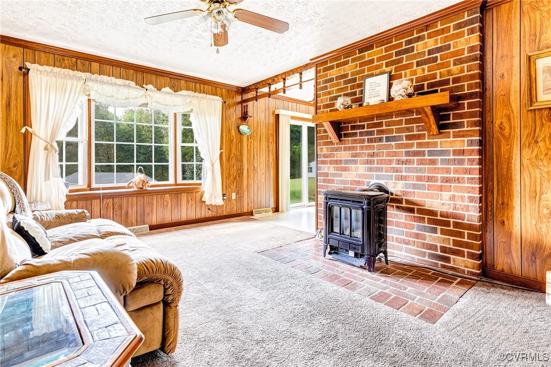3050 Rose Mount Road Walkerton, VA 23177 - Photo 6 of 35 Carpeted living room with a textured ceiling, wood