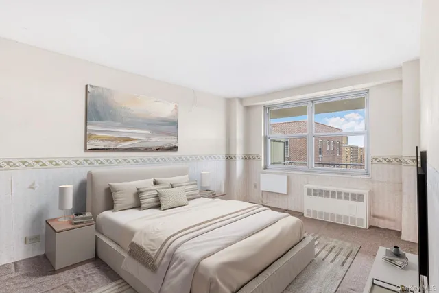 a bedroom with a bed and a large window