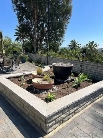 a view of a backyard with table and chairs potted plants and palm tree
