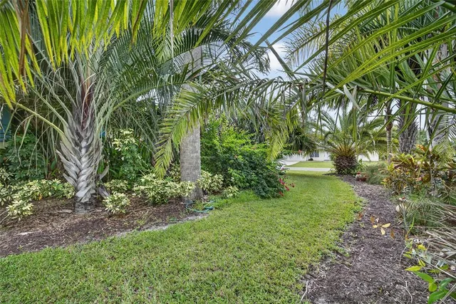 a patio with table and chairs and potted plants