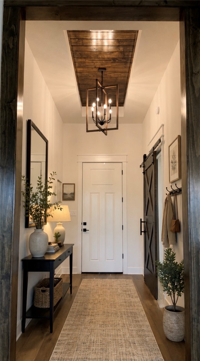 3245 Hunters Crossing Bryan, TX 77808 - Photo 2 of 30 Gorgeous foyer with tray ceiling and stained barn door with transom window in study but also counts as a bedroom and yes you can lock the barn door