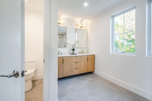 a bathroom with a double vanity sink a mirror and a toilet