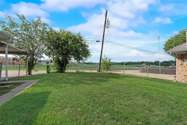 a view of a garden with a tree in the background