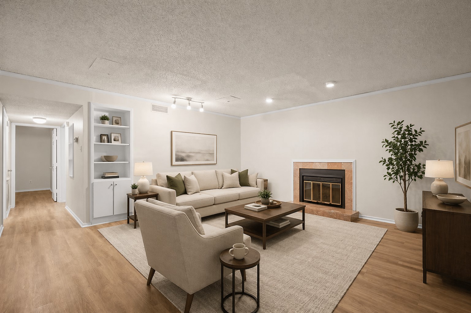 a living room with furniture or couch and a fireplace