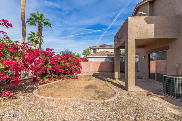 a view of a house with potted plants and a large tree