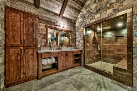 a bathroom with a sink and a mirror