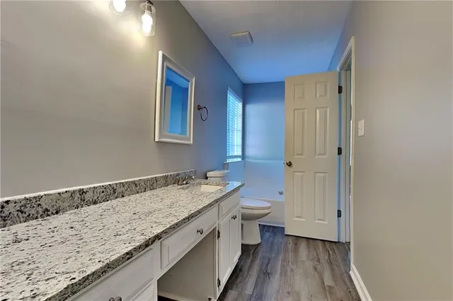 a bathroom with a granite countertop sink and a toilet