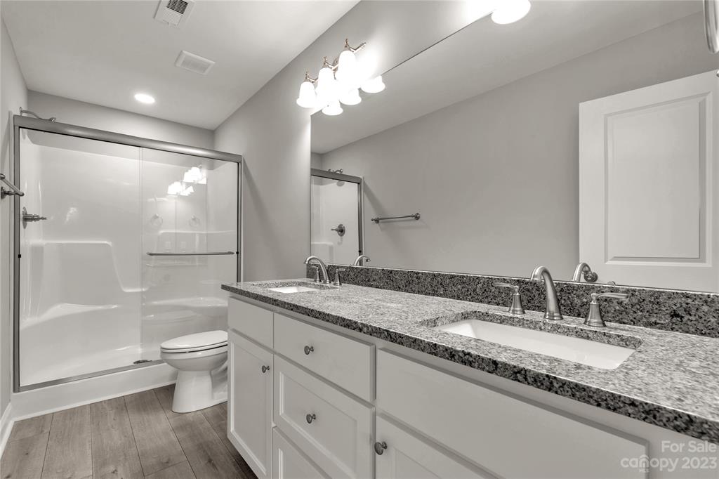 6724 State Rd S-29-555 Kershaw, SC 29067 - Photo 19 of 31 a bathroom with a granite countertop double vanity sink toilet and shower