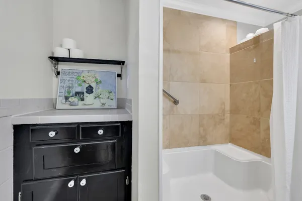 a bathroom with a bathtub