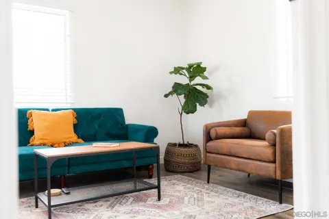 a bedroom with a bed plant and a window