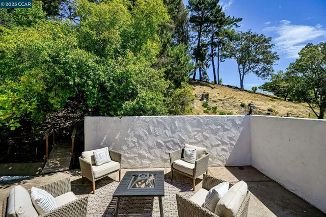 a aerial view of a house with garden space and trees