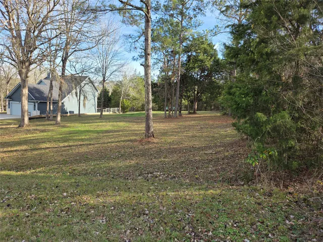 a backyard of apartments with large trees
