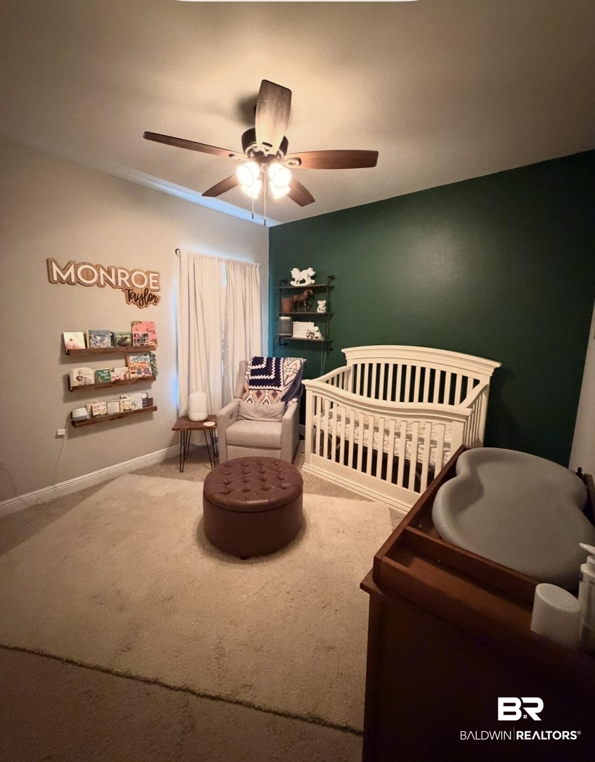 32215 Calder Court Daphne, AL 36527 - Photo 9 of 13 Bedroom featuring a nursery area, a ceiling fan, and carpet