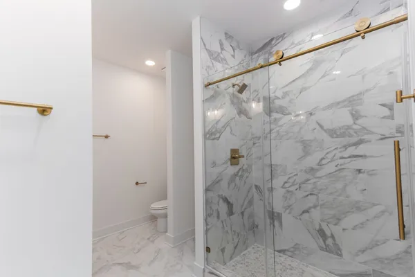 a bathroom with a shower and a toilet