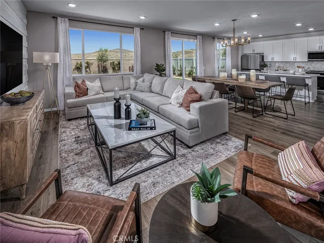 a living room with furniture kitchen view and a potted plant