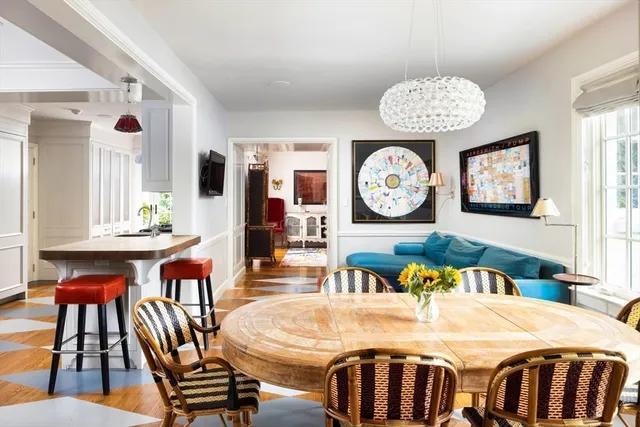 a view of a dining room with furniture and a large window