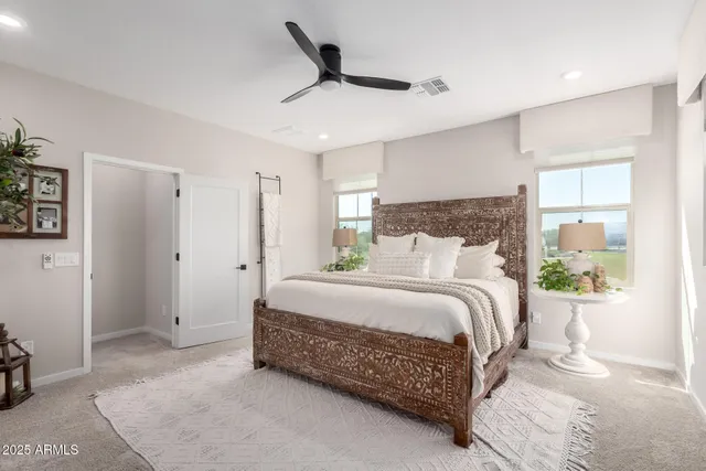 a bed room with a bed and a ceiling fan