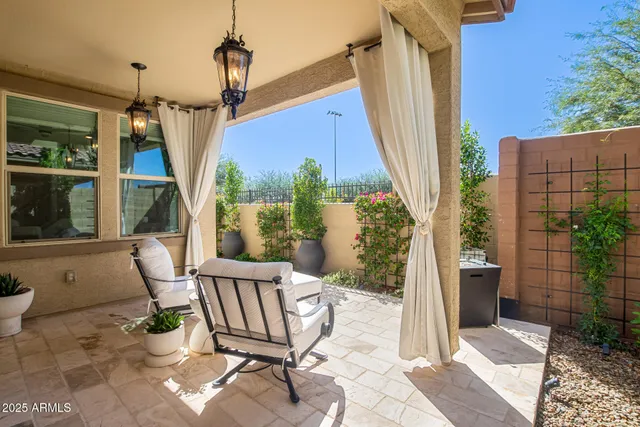 a view of a porch with furniture