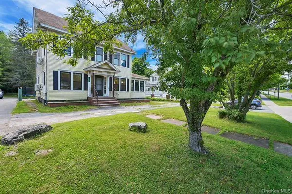 a front view of a house with yard and green space