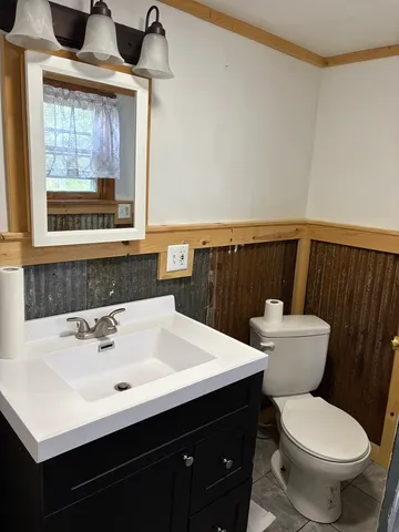 a bathroom with a sink a toilet and mirror