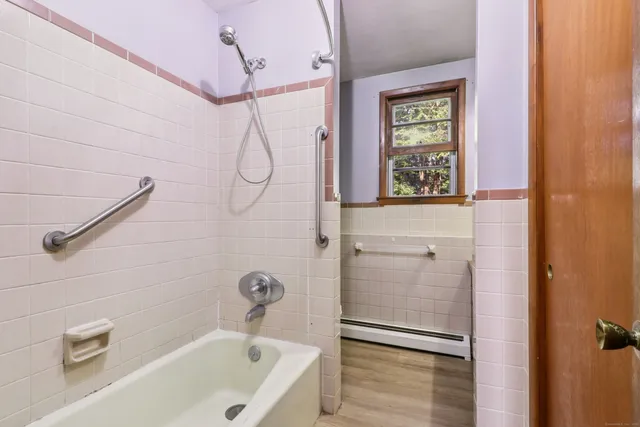 a bathroom with a bath tub and a shower