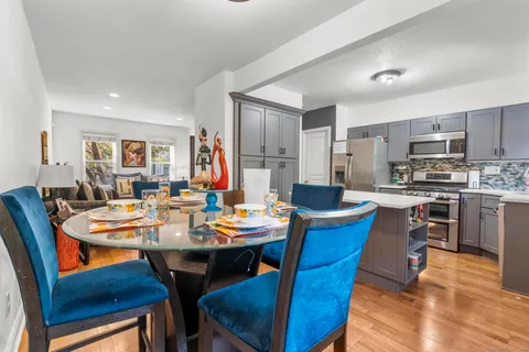 a view of a dining room with furniture