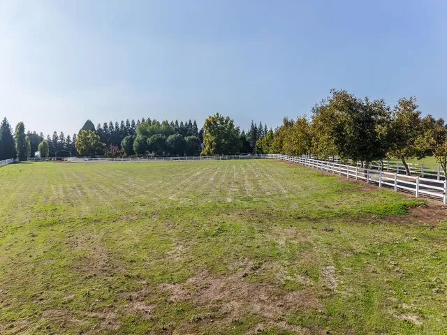 a view of a swimming pool with outdoor seating and a garden