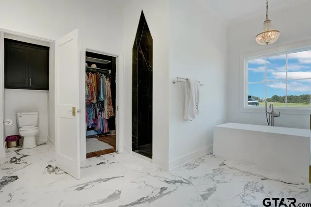a bathroom with a toilet and a book shelf