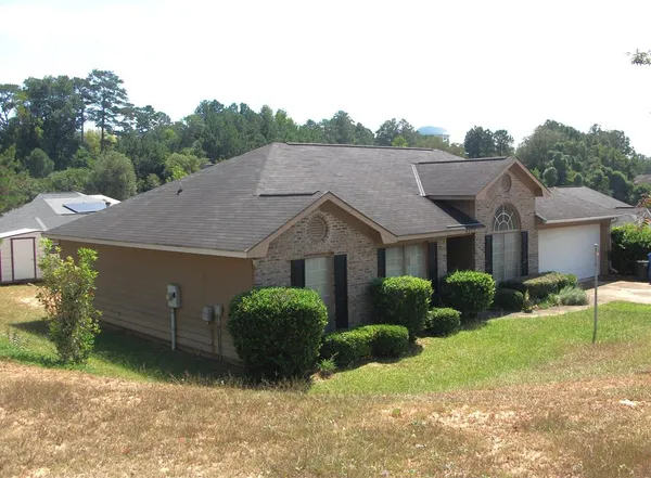 a aerial view of a house with a yard and potted plants