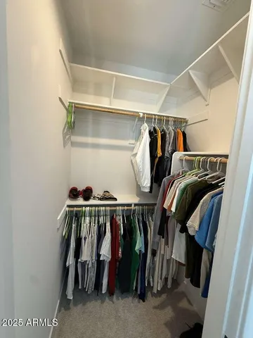 a view of walk in closet with clothes and shoes