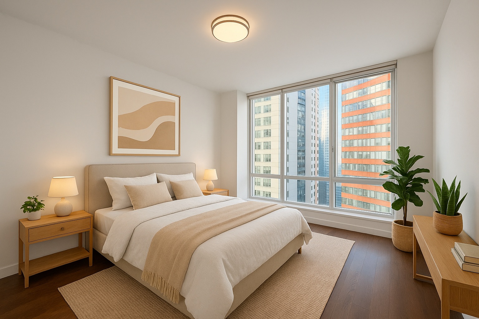 27-17 42nd Road, Unit 15F Queens, NY 11101 - Photo 2 of 11 a bedroom with a large bed and a potted plant