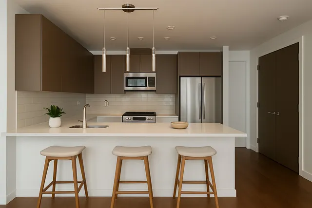 a bedroom with a large bed and a potted plant