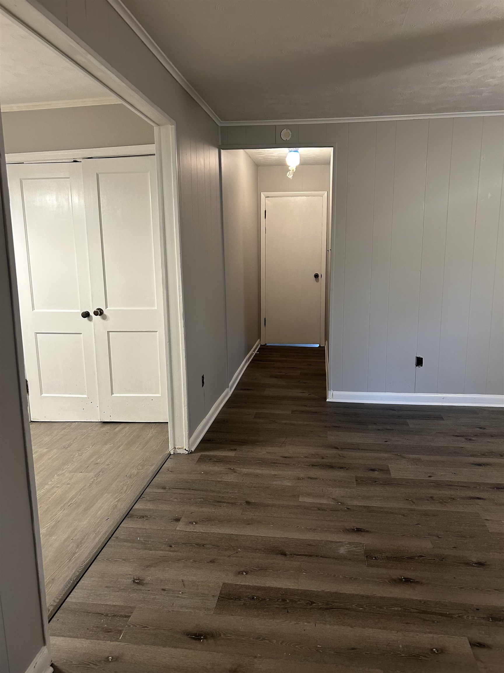 4631 Sea Isle Road Memphis, TN 38117 - Photo 12 of 28 Hallway with dark wood-type flooring, baseboards, and crown molding