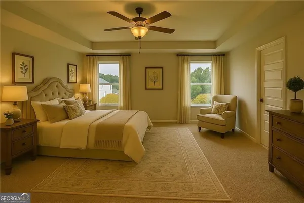 a spacious bedroom with a bed and a couch