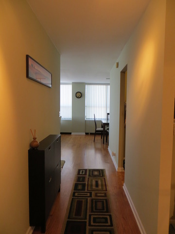 655 West Irving Park Road, Unit 2710 Chicago, IL 60613 - Photo 8 of 11 a hallway with wooden floor a book shelf and a living room
