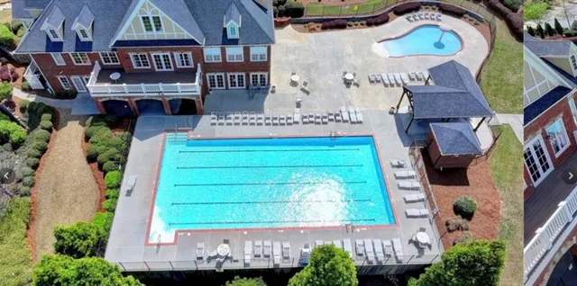 an aerial view of a house with a garden