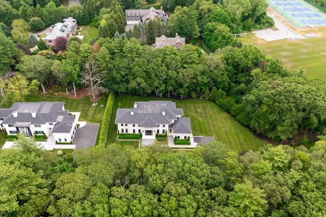 an aerial view of residential houses with yard and green space