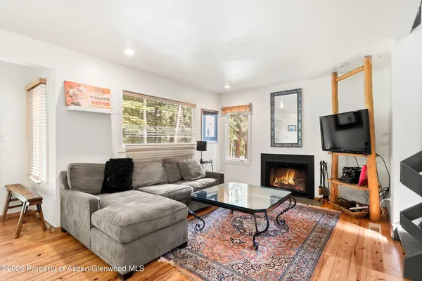 a living room with furniture a flat screen tv and a fireplace