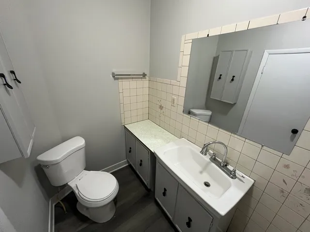 a bathroom with a toilet sink and mirror