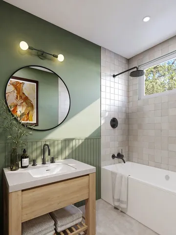 a bathroom with a double vanity sink mirror and bathtub