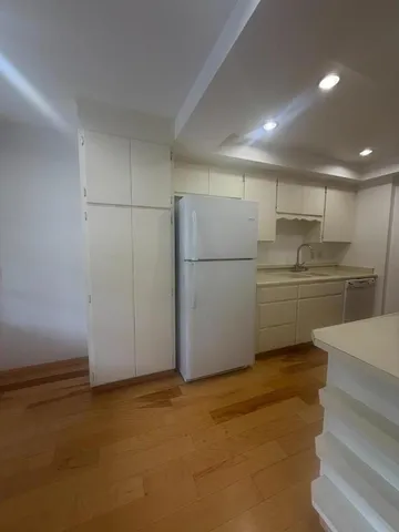 a kitchen with a refrigerator and a sink