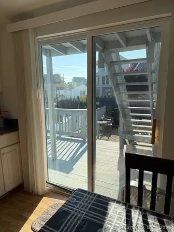 a view of a balcony from a window