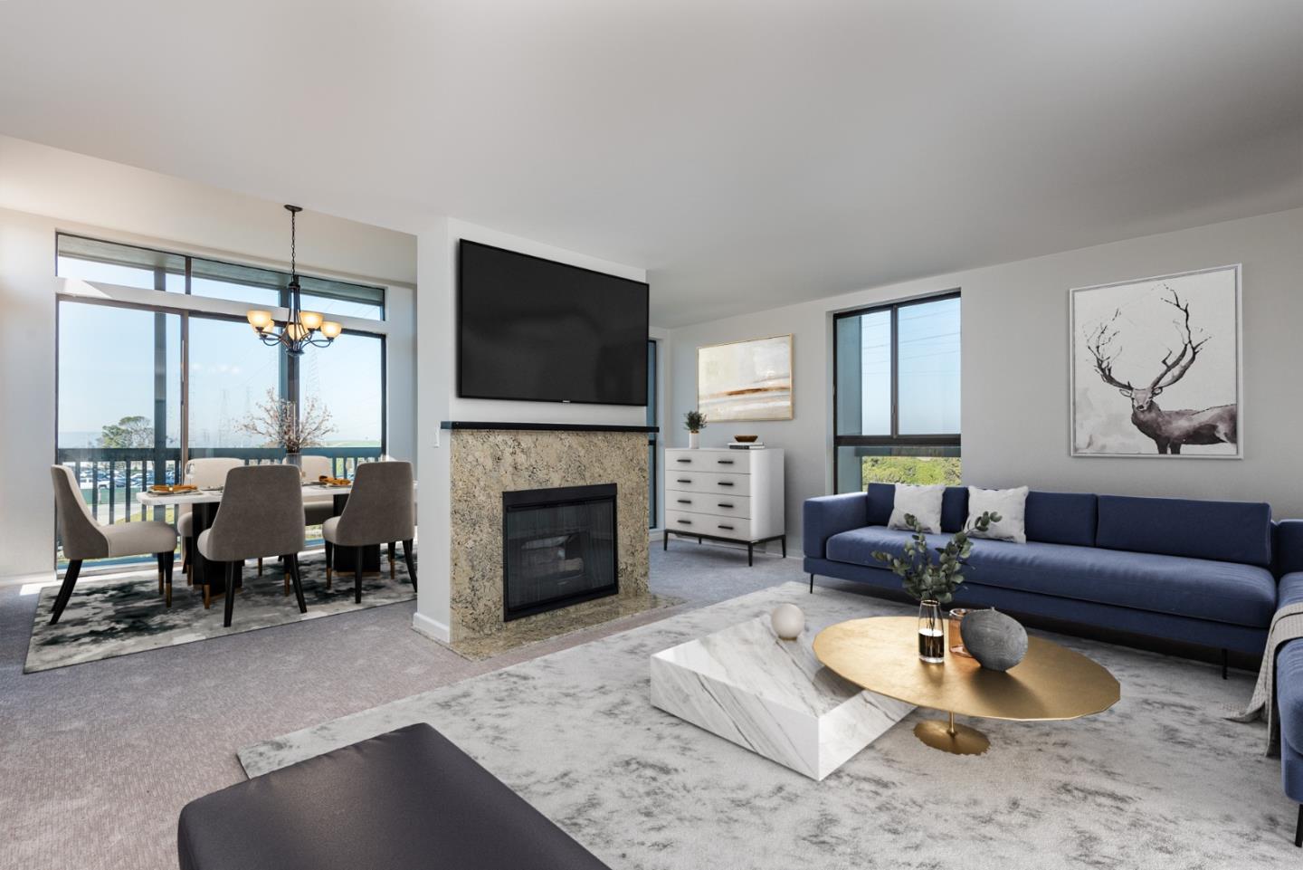 425 Anchor Road, Unit 317 San Mateo, CA 94404 - Photo 4 of 35 a living room with furniture a fireplace and a flat screen tv