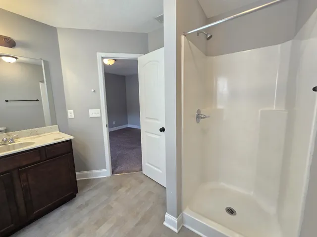 a bathroom with a shower and a sink