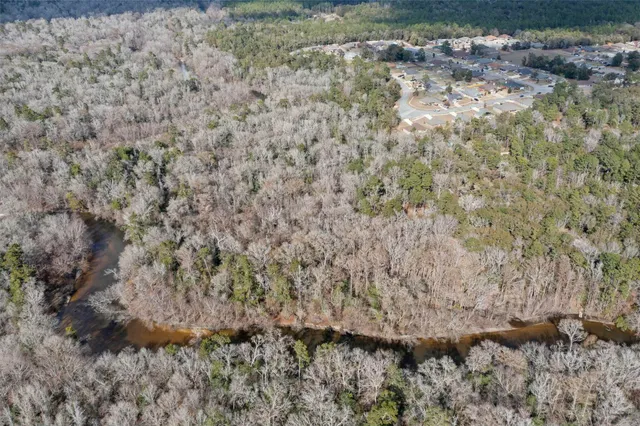 a view of a dry yard with lots of bushes