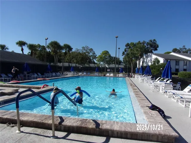 a view of a swimming pool with chairs