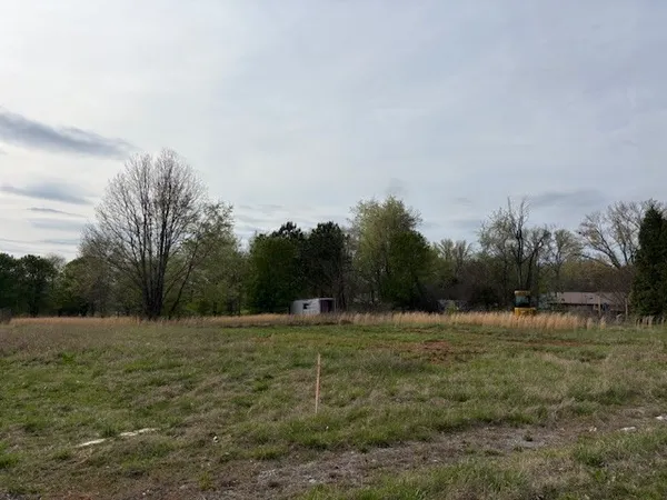 a view of a field with trees in background